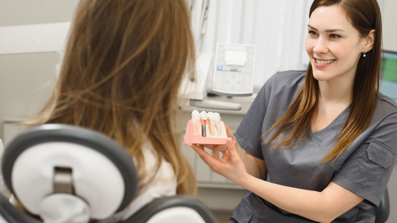 a dental assistant showing a dental implant model to a patient